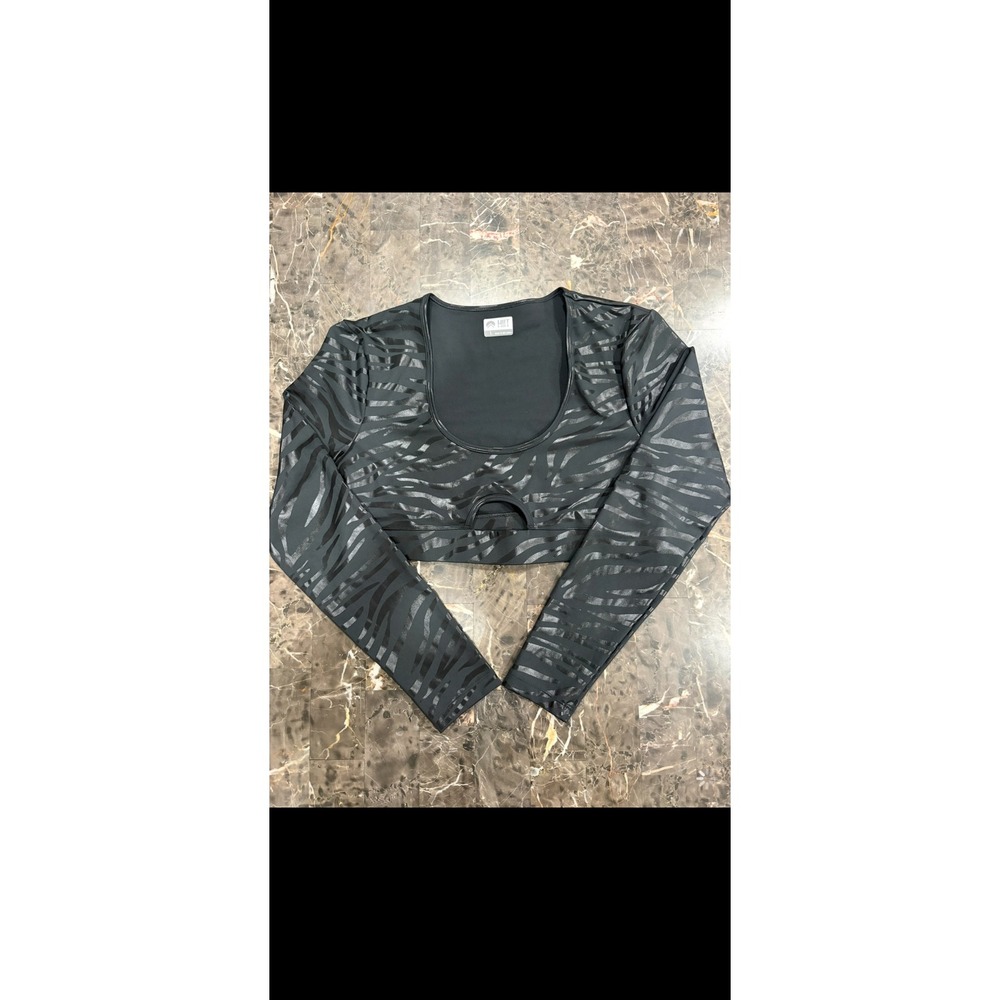HIIT Womens Black Zebra Print Long Sleeve Crop Top Keyhole Cutout Size L